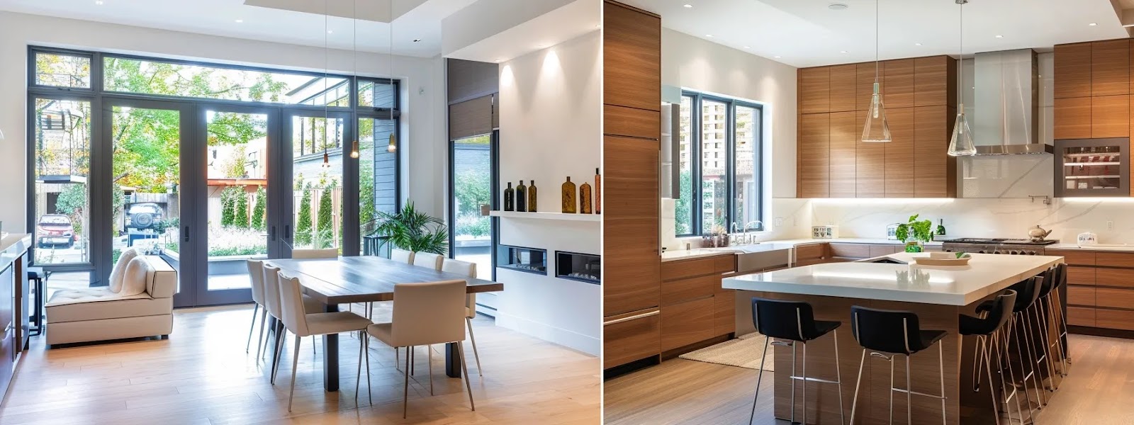 a modern kitchen showcases a harmonious layout with sleek glass accents, expertly aligned cabinetry, and ample natural light, all contributing to an inviting and balanced space.