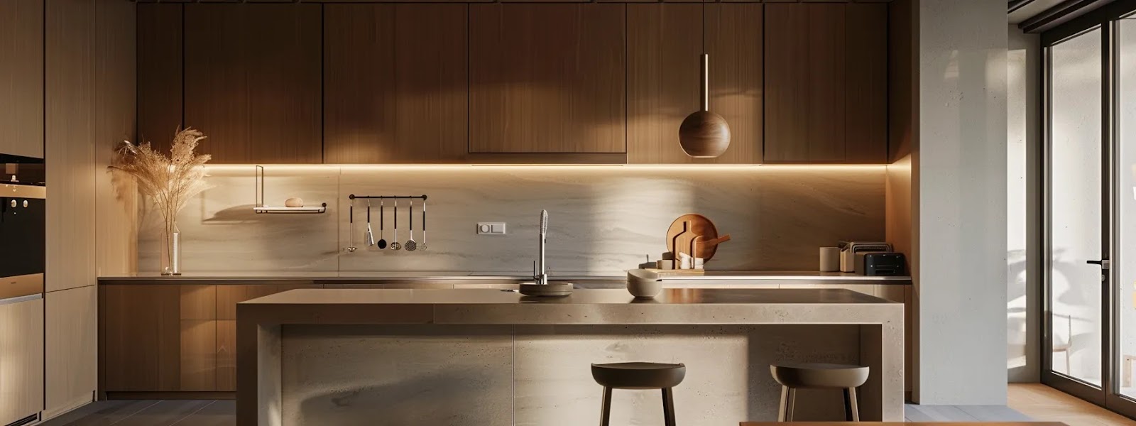 a serene kitchen interior featuring elegantly designed cabinets at precise heights, adorned with subtle wind chime-inspired accents, all harmonized by a balanced color palette that creates a tranquil and inviting atmosphere.
