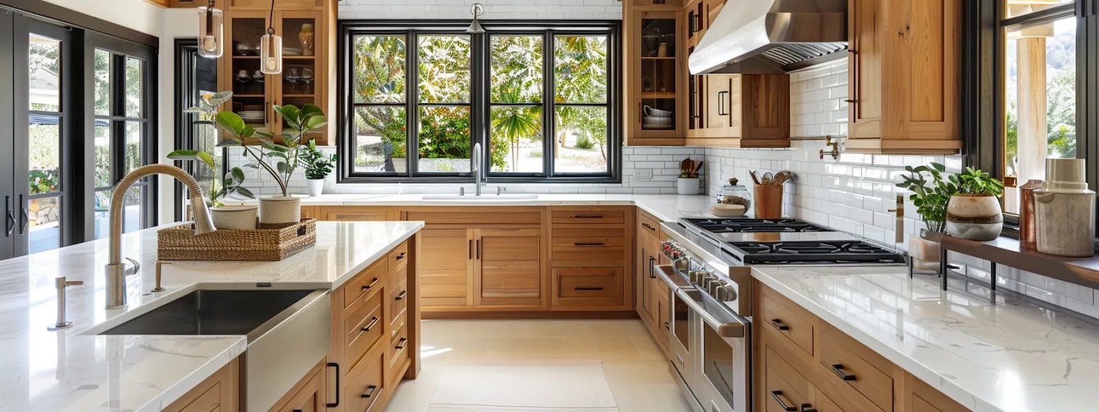 a harmonious kitchen features elegantly integrated wooden cabinets and stone countertops under soft, natural light, embodying a serene balance that enhances the appeal of nutritious meal preparation.