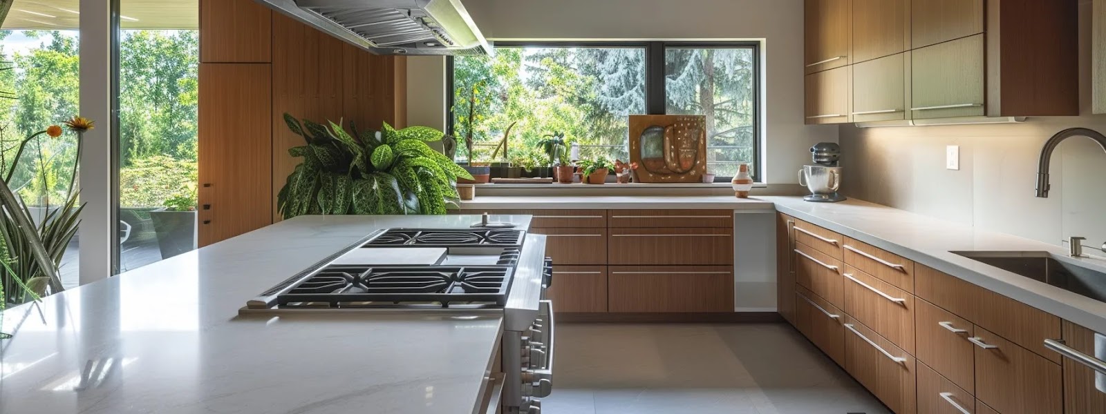 a modern kitchen showcases custom cabinetry with strategic placements around a sleek gas stove, creating an airy, uncluttered space that emphasizes functionality and efficient storage.