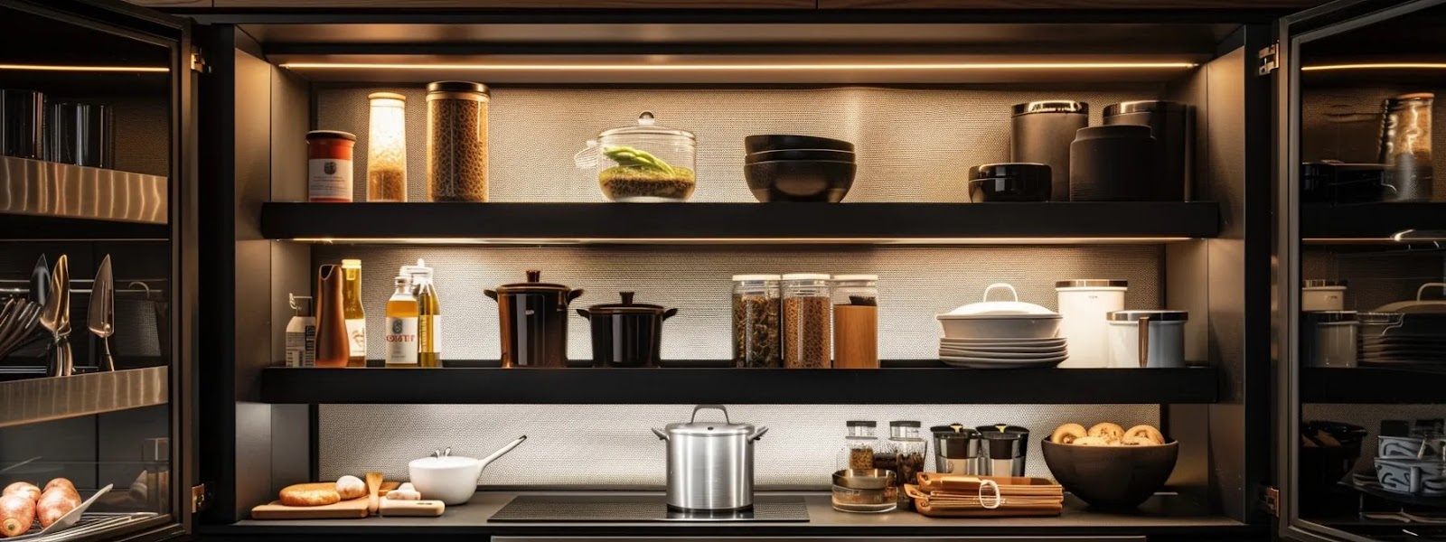 a beautifully organized kitchen cabinet showcases a harmonious arrangement of cooking essentials, bathed in soft, natural light that emphasizes the clean lines and clutter-free space, inviting a sense of calm and efficiency.