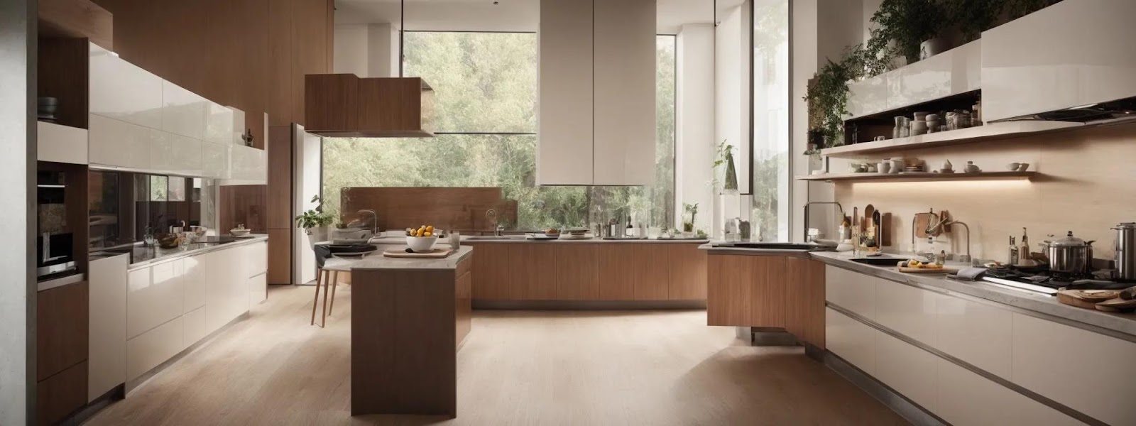 a streamlined kitchen with sleek cabinets equipped with internal lighting and hidden pull-outs.