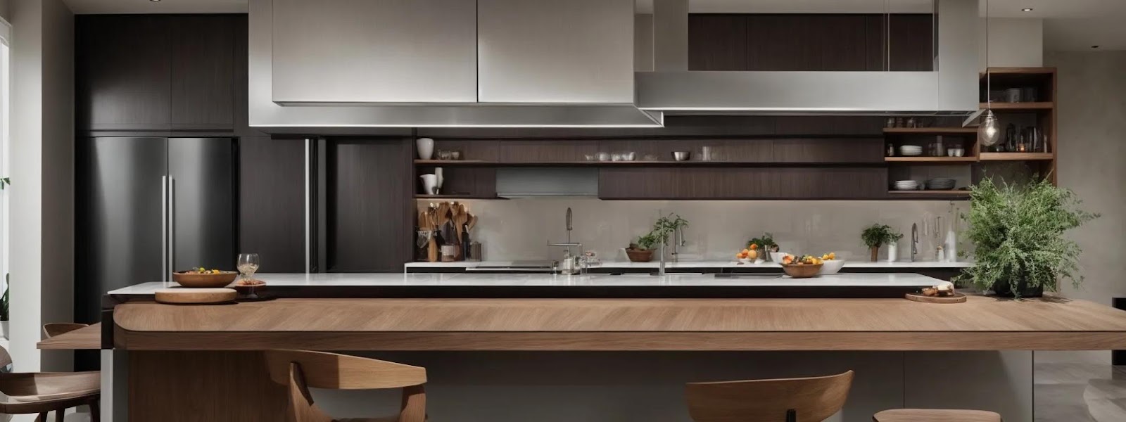 a contemporary kitchen showcases sleek, frameless cabinetry finished in a modern color palette.