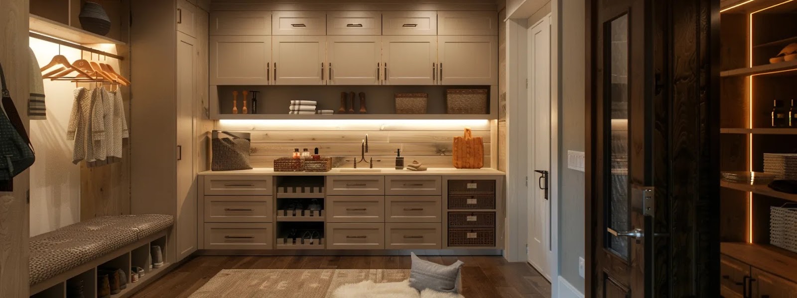 a beautifully organized mudroom showcases elegant cabinetry with sleek shoe storage, a cozy built-in pet area, and modern hooks and shelves, all illuminated by warm lighting, embodying the perfect blend of functionality and style for contemporary family living.