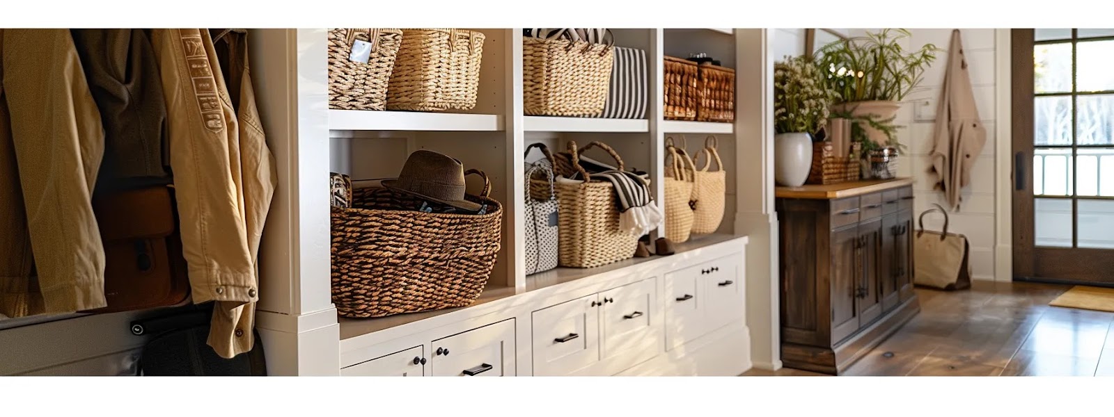 a beautifully organized mudroom featuring stylish baskets, clear labels, and strategic lighting, showcasing a clutter-free storage system that embodies functional elegance.
