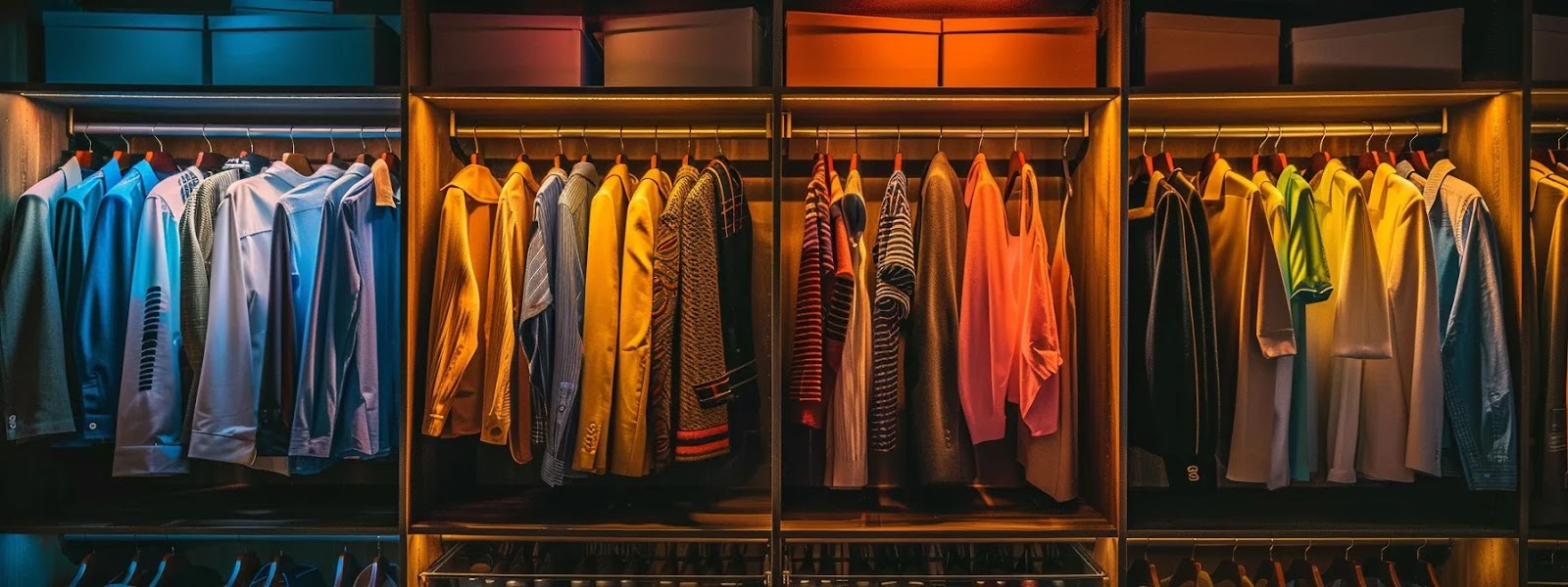 a stylish walk-in closet is illuminated by sleek, modern fixtures, showcasing organized displays of clothing with focused beams of light highlighting each section for optimal visibility and functionality.