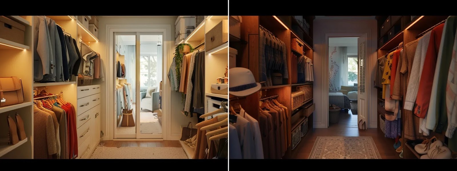 a stylish, organized walk-in closet showcases innovative vertical storage solutions with neatly arranged clothing and accessories, highlighting efficient use of wall space for a modern, chic aesthetic.