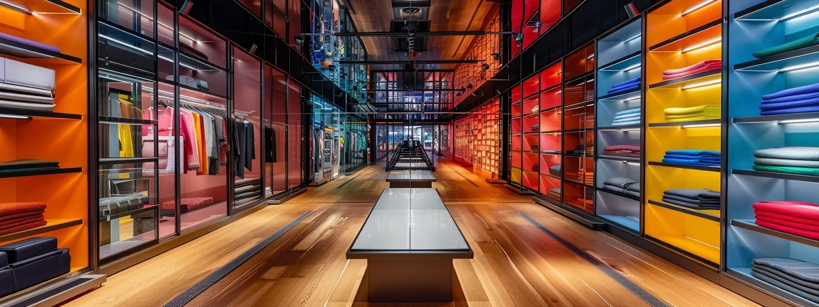 a sleek, modern walk-in closet showcases innovative shelving techniques with glass panels and sturdy fixtures, creating an organized and stylish space that emphasizes efficient use of vertical storage.