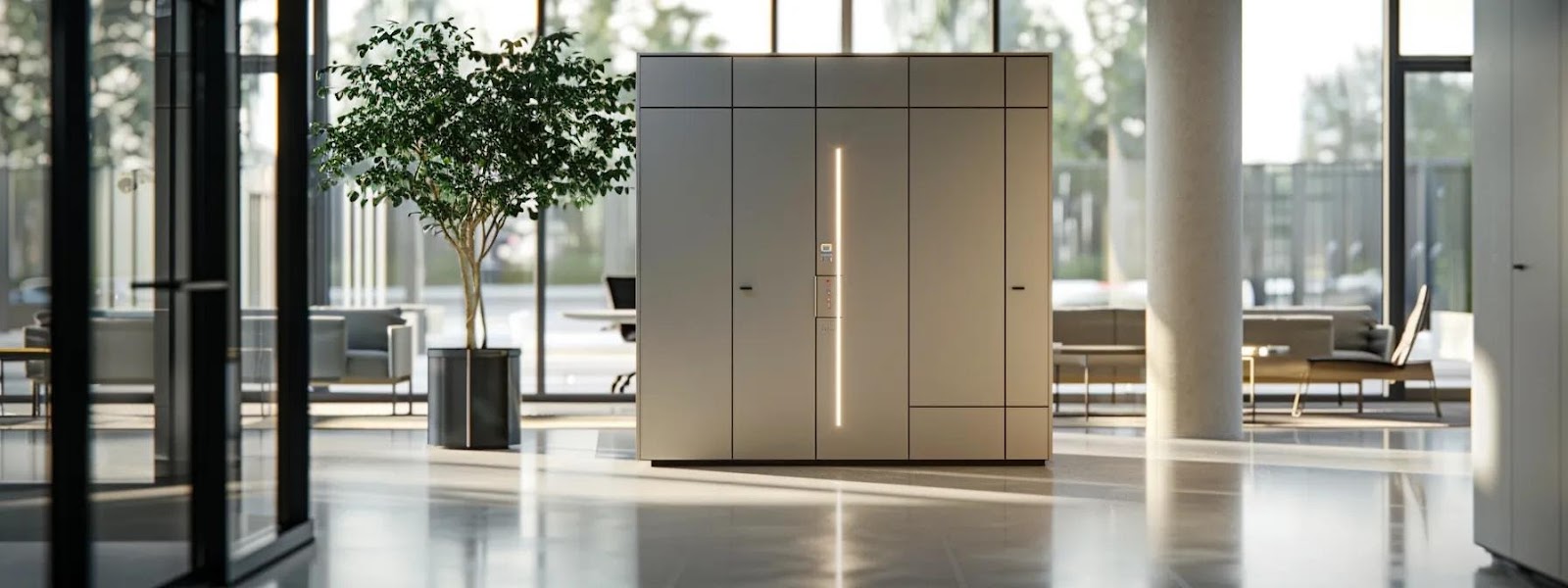 a sleek, modern cabinet made of high-performance material is prominently displayed in a stylish, well-lit office environment, showcasing its resistance to humidity and mold while emphasizing durability and ease of maintenance.