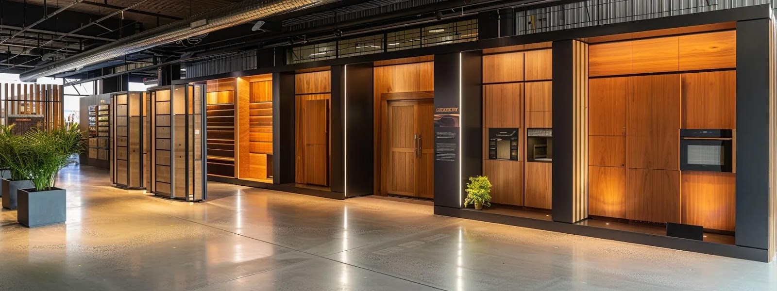 a sleek, modern office workspace features a display of cabinetry materials specifically designed for high humidity environments, showcasing a variety of finishes and textures under bright, focused lighting to emphasize their durability and aesthetic appeal.