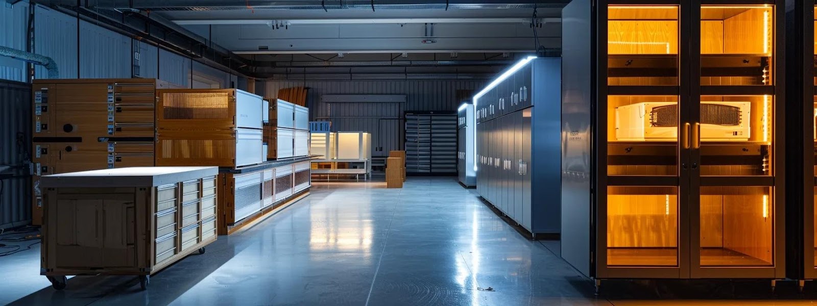 a modern workshop setting showcases various high humidity cabinet samples crafted from solid wood, pvc, and stainless steel, illuminated by focused overhead lighting to highlight their unique textures and finishes.