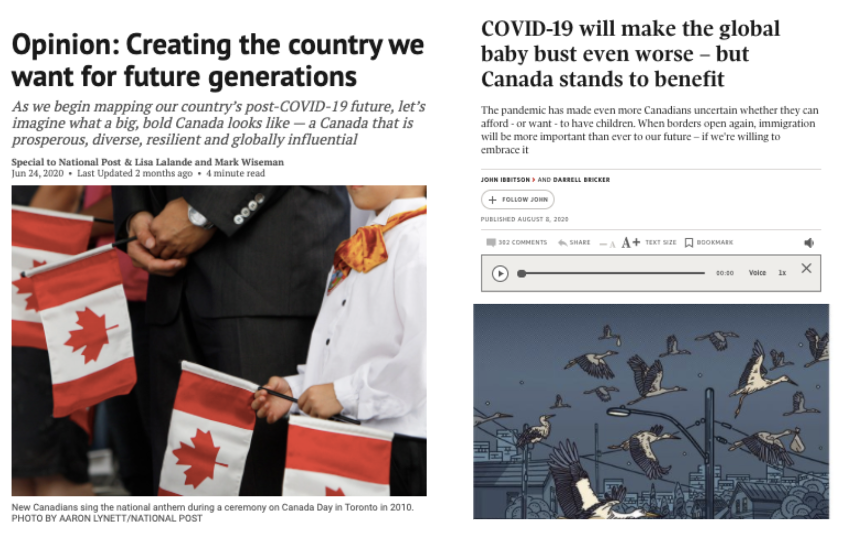 Screenshot of an online article reading “Opinion: Creating the country we want for future generations” and another reading “COVID-19 will make the global baby bust even worse - but Canada stands to benefit”