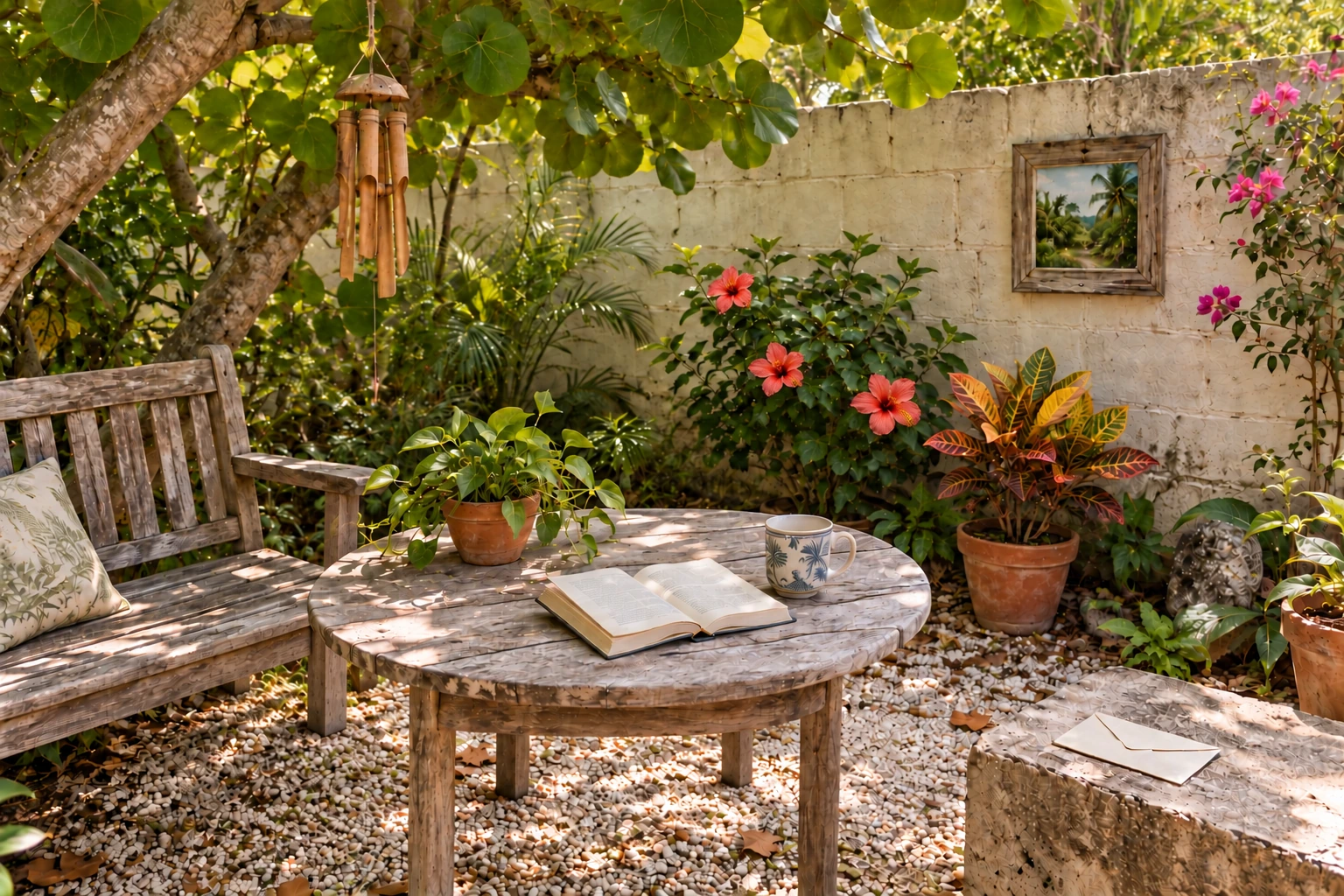 A simple Caribbean garden with a weathered bench, book on a wood table, bamboo chimes, framed photograph, envelope, and three red hibiscus flowers.
