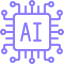 Purple AI letters with microchip design around them representing artificial intelligence technology.
