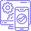 Icon of a smartphone with settings gear and checkmark symbols representing app development.