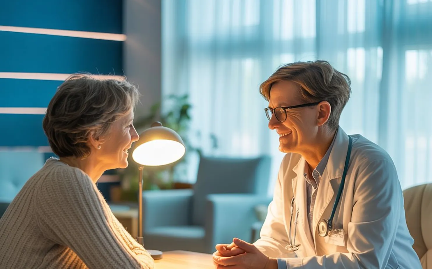 A woman talking to a doctor in a room.