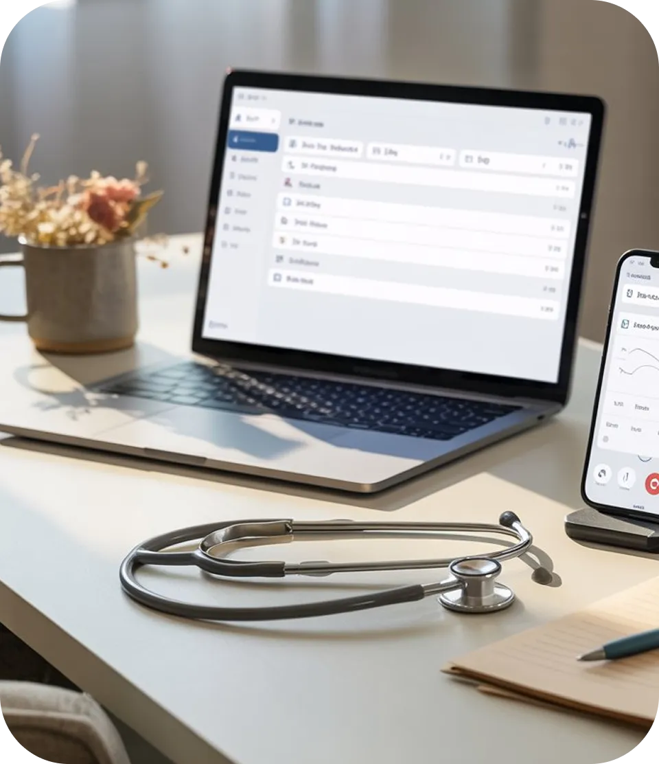 A laptop computer sitting on top of a desk next to a stethoscope.