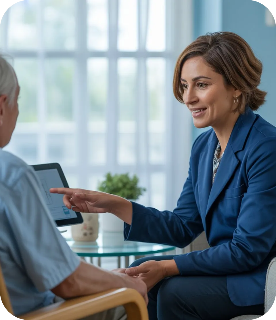 A woman sitting in a chair talking to a man.