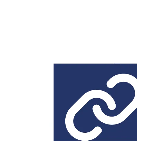 A blue and white logo with a link link.