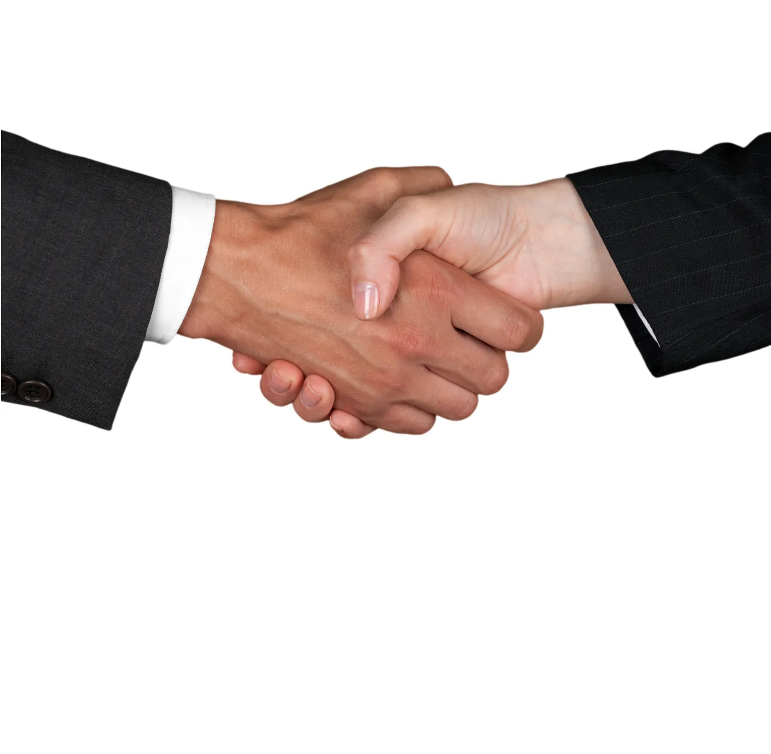 Two people shaking hands in front of a white background.