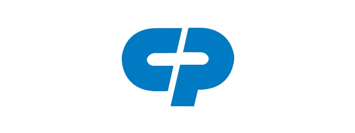 A blue and white logo with the letter p.