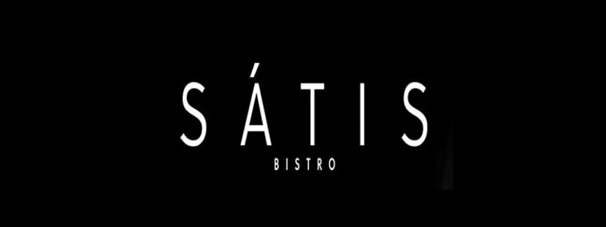 A black and white photo of the words satis bistro.