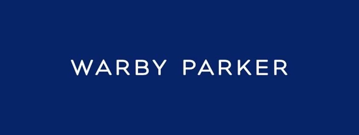 A blue background with the words warby parker.