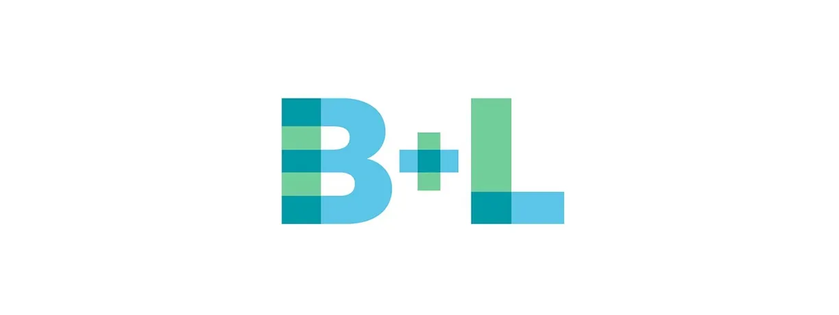 A blue and green logo with the letter b and l.