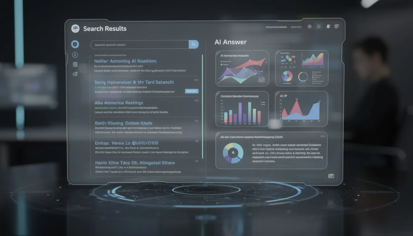 The image depicts a futuristic search interface that displays AI-generated results alongside traditional search listings, showcasing the integration of AI tools in enhancing search engine optimization and content creation processes. This innovative design emphasizes the importance of relevant keywords and user intent in optimizing search results for a targeted audience.