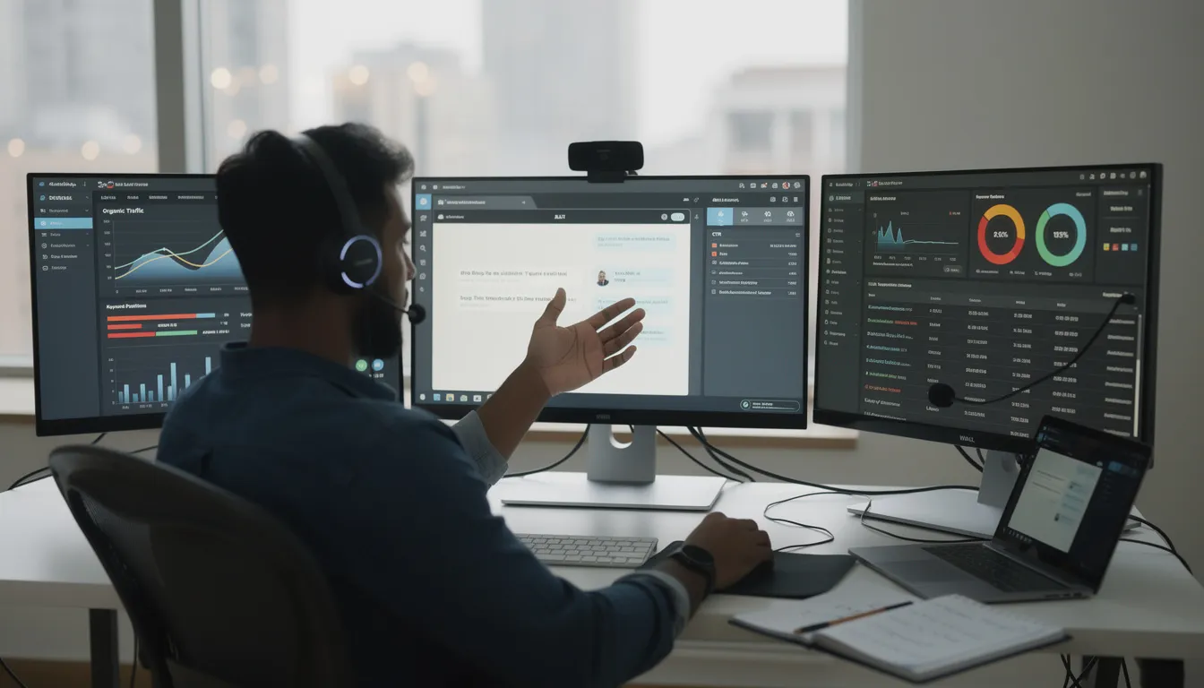 A person is seen collaborating with AI tools in a modern workspace, surrounded by multiple monitors displaying SEO analytics, including keyword research, search engine optimization strategies, and data analysis for optimizing content. The environment emphasizes the integration of AI-powered SEO tools to enhance the content creation process and improve the website's visibility in search results.