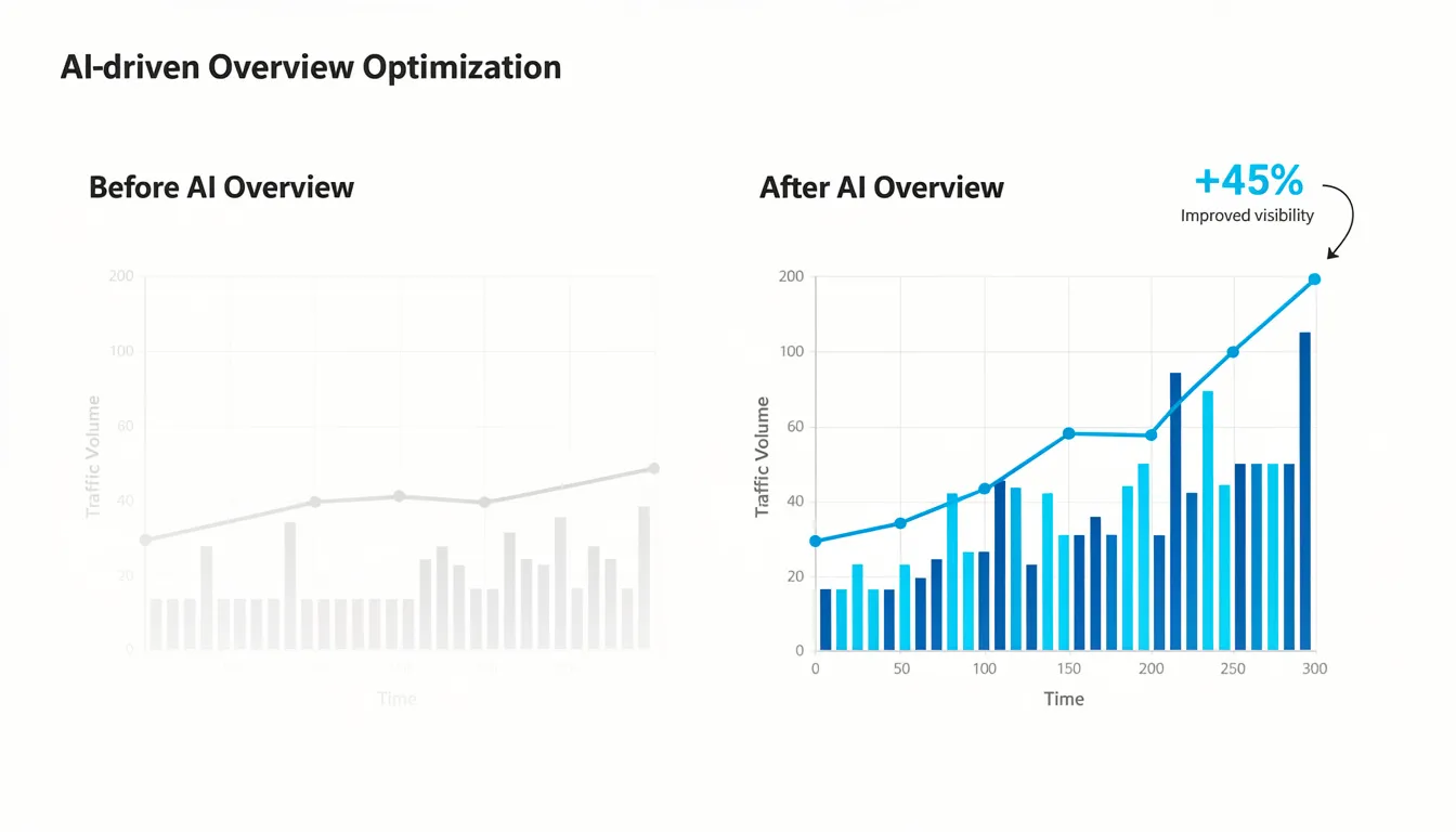 The image displays a side-by-side comparison of traffic charts, illustrating the impact of AI-powered SEO tools on search engine rankings before and after optimization. The charts highlight significant improvements in search traffic and keyword rankings, demonstrating the effectiveness of AI search optimization strategies.
