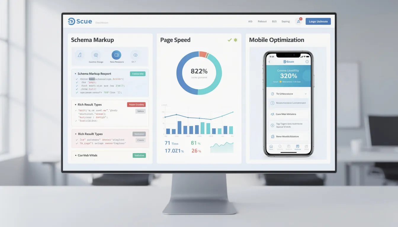 The image depicts a technical SEO dashboard featuring various metrics such as schema markup, page speed, and mobile optimization. It serves as a comprehensive overview for SEO professionals to analyze search trends and optimize content for better search engine rankings.