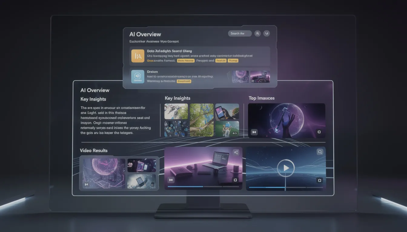 The image depicts a futuristic search interface concept, showcasing an AI-powered overview that integrates text, images, and video content, designed to enhance user experience in search engines. It emphasizes features like keyword research and content optimization, illustrating how AI tools can improve search engine rankings and visibility.