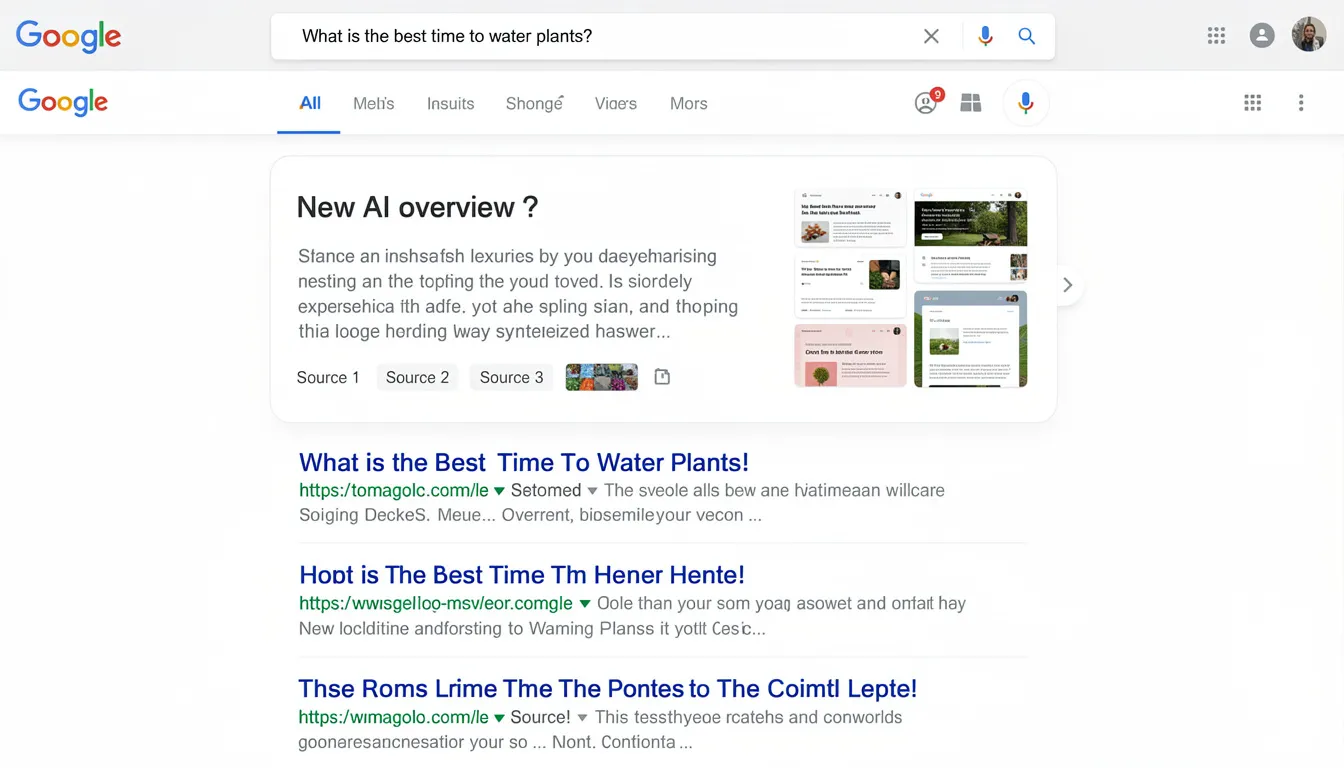 The image showcases a Google AI overview positioned above traditional search results, featuring synthesized content accompanied by source citations, highlighting the integration of AI-powered SEO tools in optimizing search engine rankings and enhancing user intent. This visual representation emphasizes the evolving landscape of search engines and the importance of content optimization strategies.