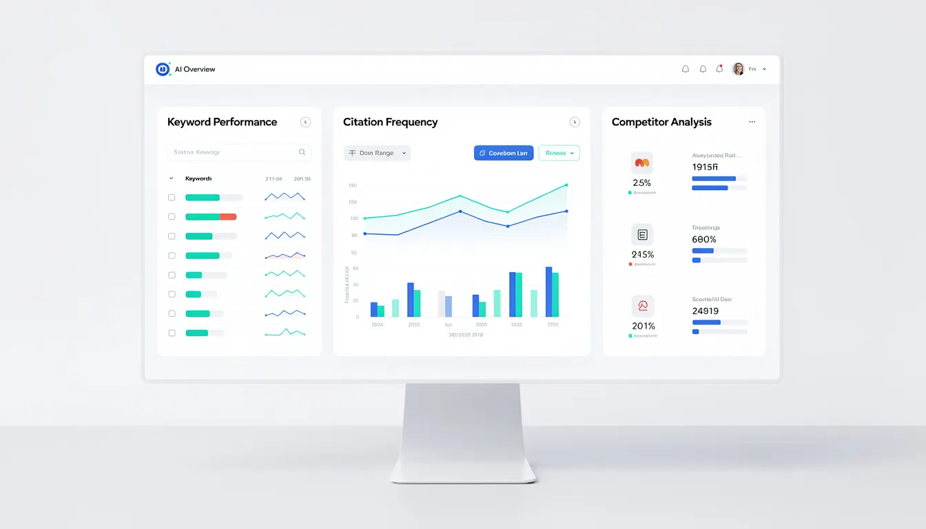 The image depicts an AI overview tracking dashboard that presents key metrics such as keyword performance, citation frequency, and competitor analysis, essential for effective search engine optimization (SEO). This dashboard aids SEO professionals in analyzing search trends and optimizing content for improved search engine rankings.
