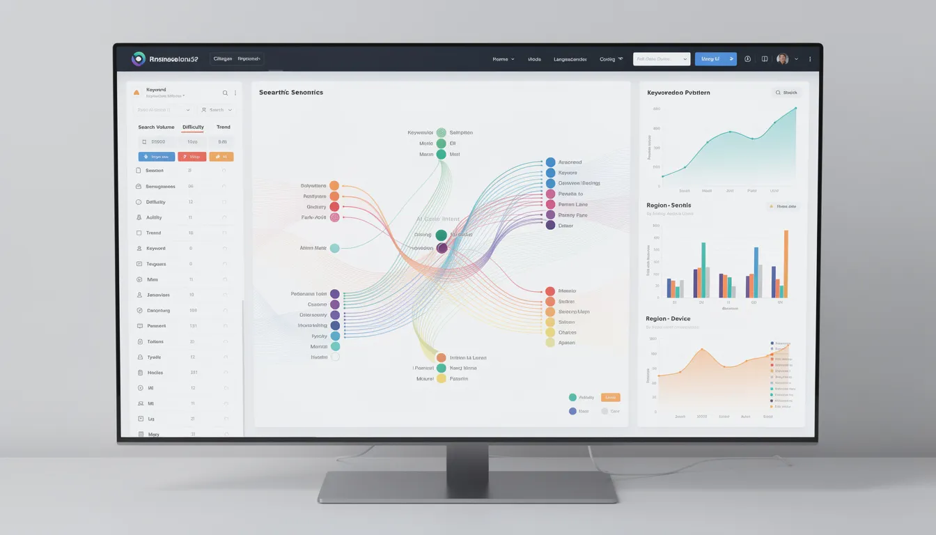 The image depicts an AI-powered keyword research dashboard, showcasing various semantic relationships and search patterns, designed to help users identify keywords and analyze search intent for effective SEO strategies. It highlights keyword metrics, search volume, and relevant keyword suggestions, making it a valuable tool for optimizing content and improving organic traffic.