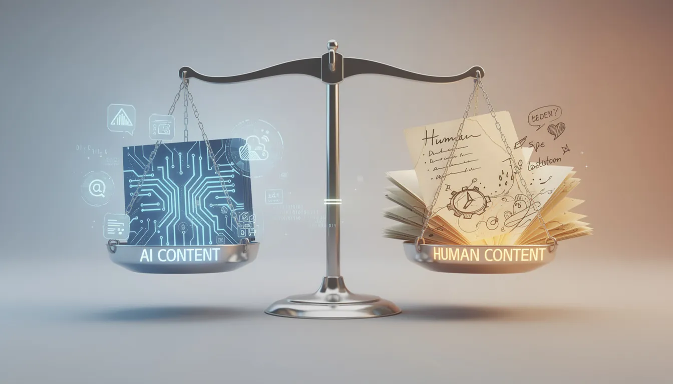 The image depicts a balanced scale with "AI generated content" on one side and "human content" on the other, symbolizing the necessary equilibrium in a content strategy for effective SEO performance. This visual highlights the importance of integrating both AI tools and human expertise in the content creation process to produce high-quality, valuable content that enhances search rankings and website traffic.