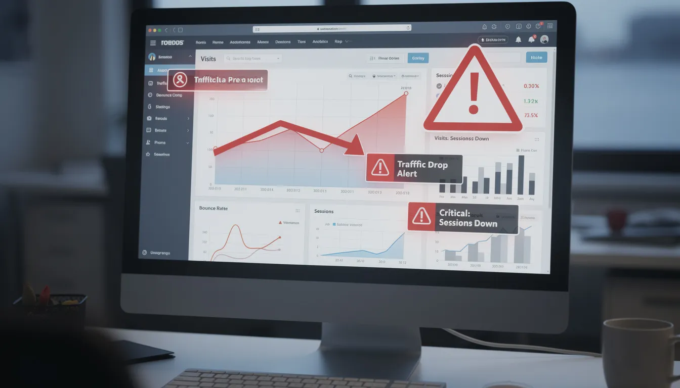 The image displays a computer screen with declining website traffic analytics, highlighted by warning signs indicating potential issues with SEO performance. It suggests that using AI-generated content without proper quality checks may harm search rankings and organic traffic.