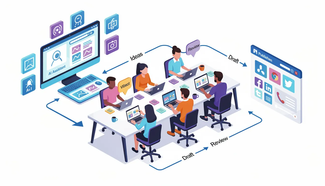 The image illustrates a content creation workflow, showcasing the collaboration between AI tools and human oversight in producing high-quality content. It emphasizes the importance of human expertise and fact-checking alongside AI-generated content to enhance SEO performance and improve search rankings.