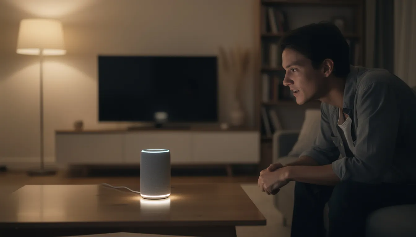 A user is engaging with a smart assistant device through voice search, showcasing the interaction between humans and AI systems. This image highlights the growing importance of voice searches in digital marketing and the role of AI-powered answer engines in providing clear answers to user intent.