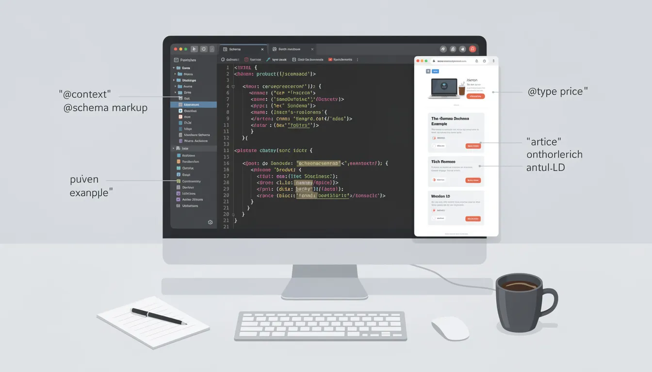 The image depicts a visualization of schema markup code, illustrating how structured data can enhance search engine results pages. It highlights the importance of schema markup in improving brand visibility and organic search traffic, particularly for ai powered answer engines and voice searches.