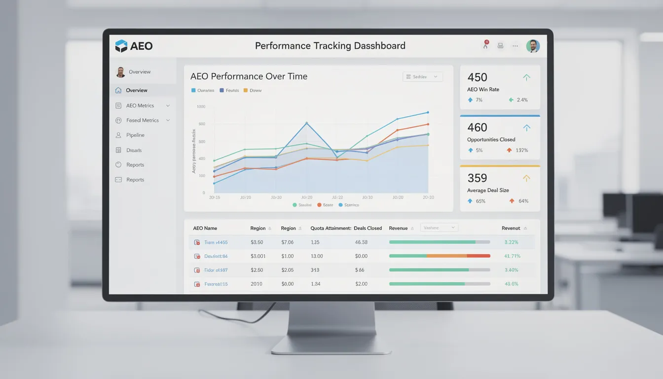 The image depicts a performance tracking dashboard showcasing various AEO (Answer Engine Optimization) metrics, highlighting organic search traffic, user behavior, and brand visibility. It features visual representations of data trends and statistics relevant to digital marketing strategies, including insights into AI-powered answer engines and their impact on search engine results pages.