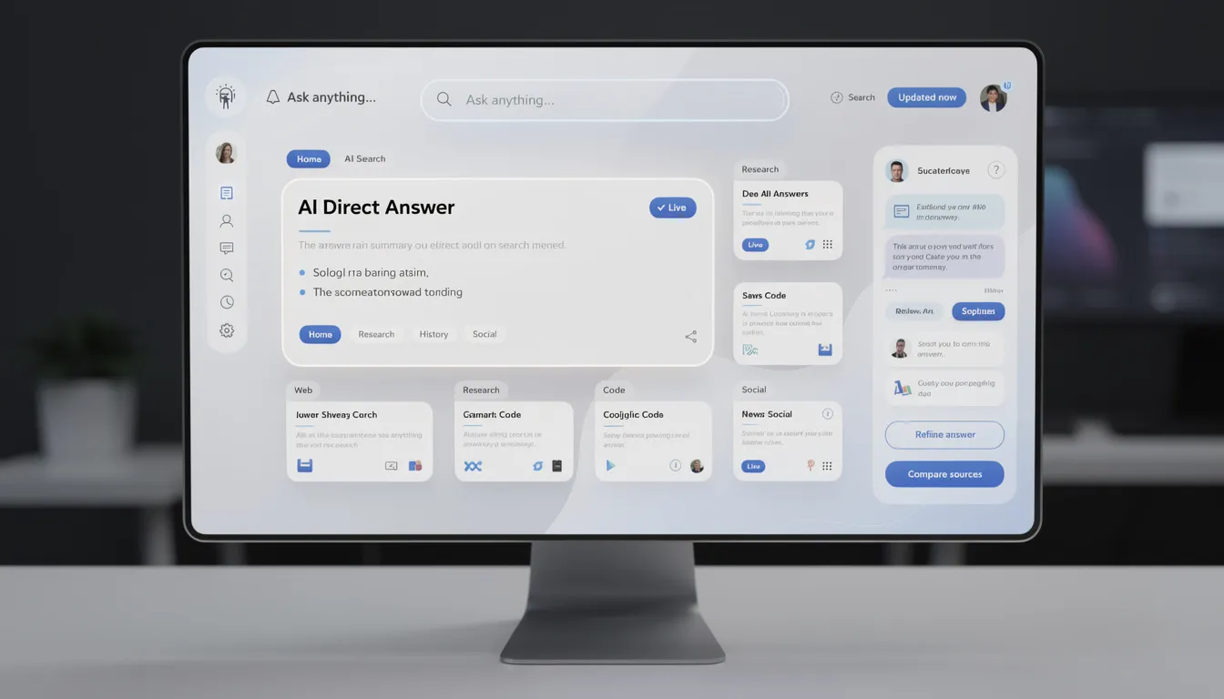 The image depicts an AI search interface that showcases direct answers generated by various platforms, highlighting the capabilities of AI-powered answer engines. It emphasizes the importance of user intent and structured data, illustrating how these AI systems can enhance search engine results pages through clear and concise AI-generated responses.