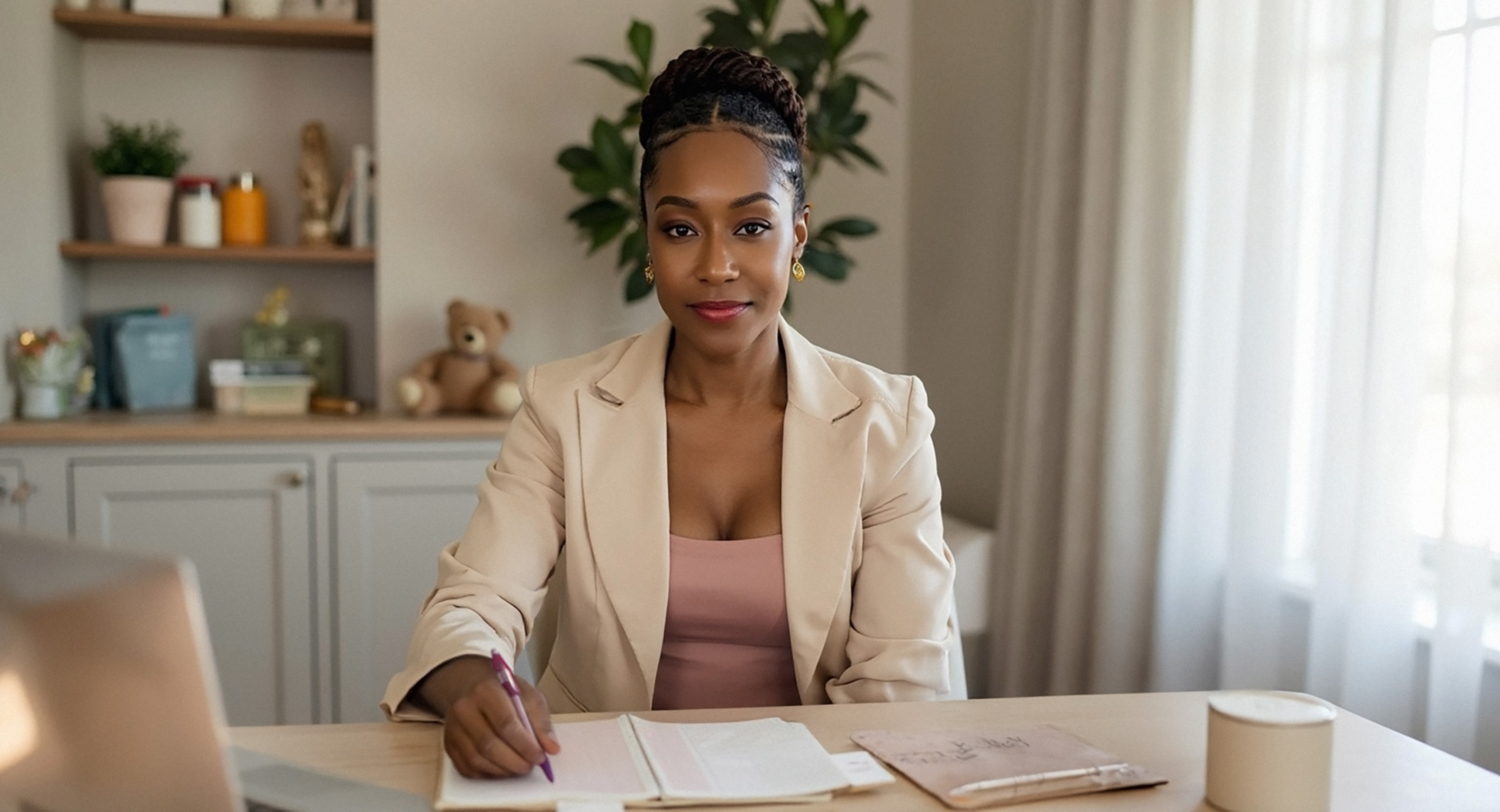 Confident woman in a beige blazer sitting at a desk, writing in a notebook with a calm smile — representing the empowering mentorship behind QA Queens.