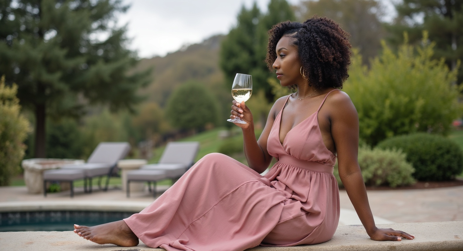Professional woman in a navy suit walking in the city with coffee and a handbag.