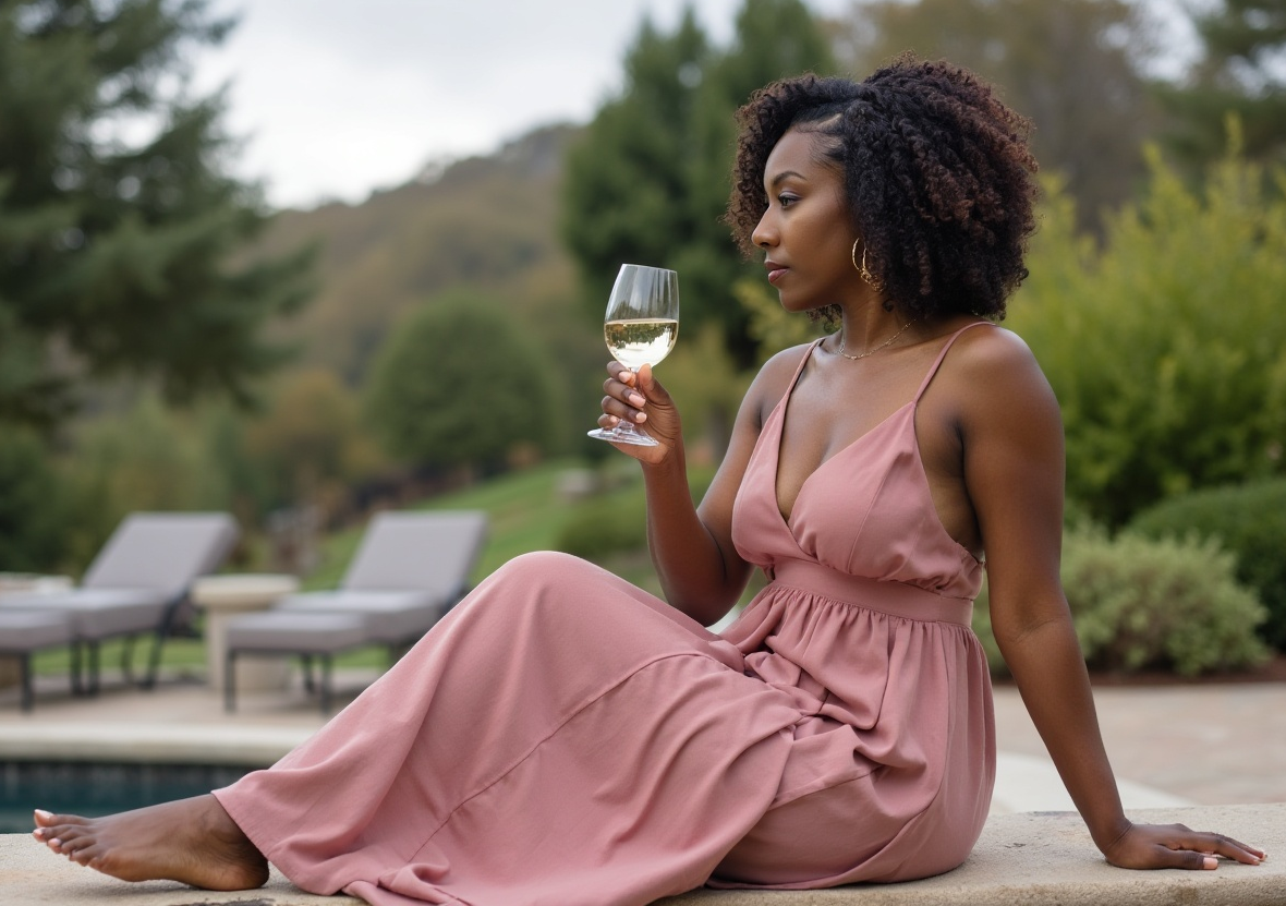 QA Queens Mentor relaxing outdoors by a pool, holding a wine glass.