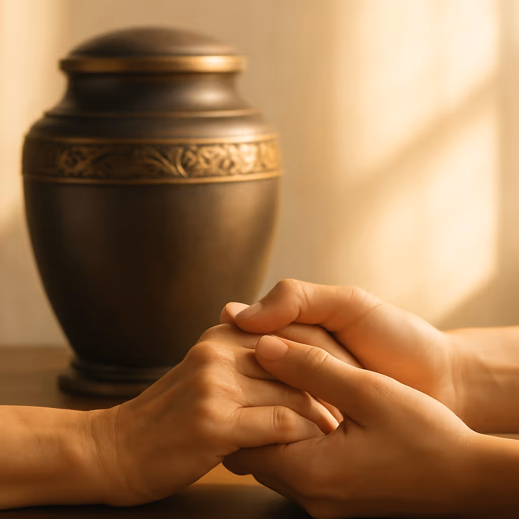 Manos ofreciendo ayuda y detrás se observa un ánfora