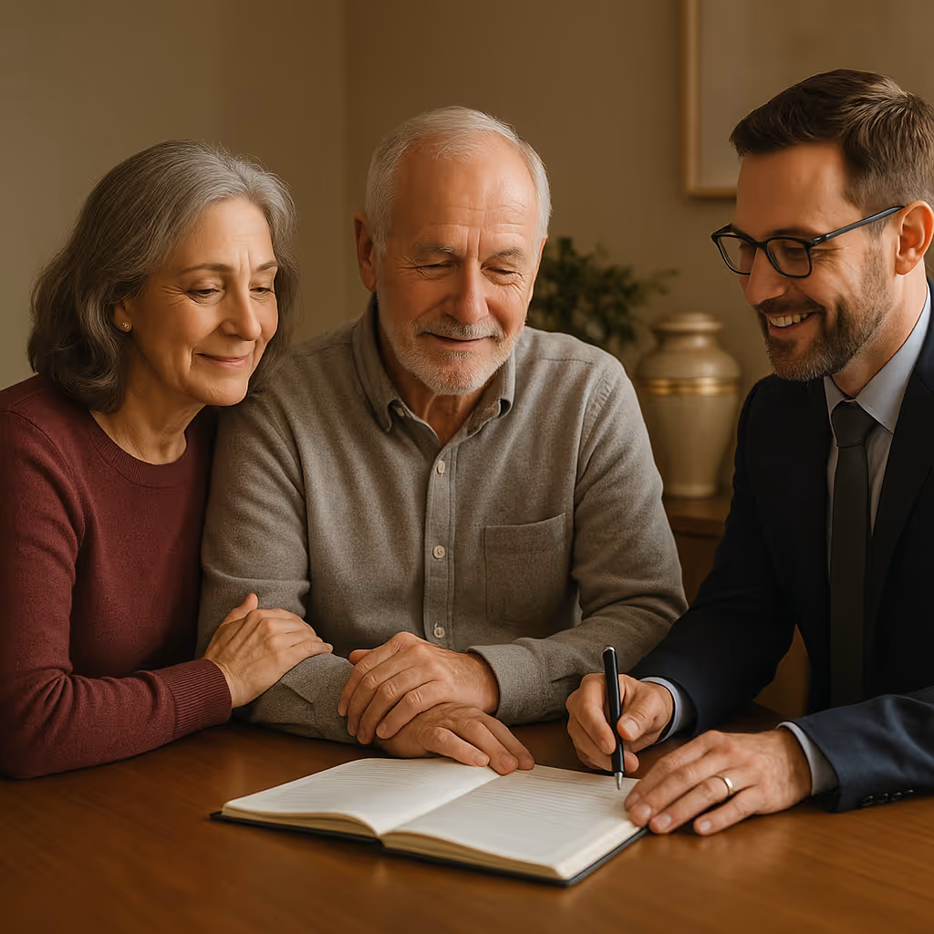 Un asesor explica a una pareja de hombre y mujer sobre los procedimientos y trámites para la planificación anticipada.