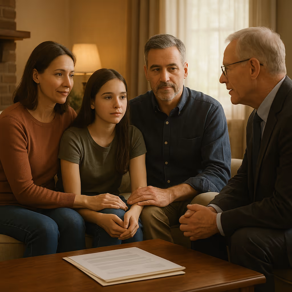 Un asesor explica a una familia sobre los procedimientos y trámites para una cremación.