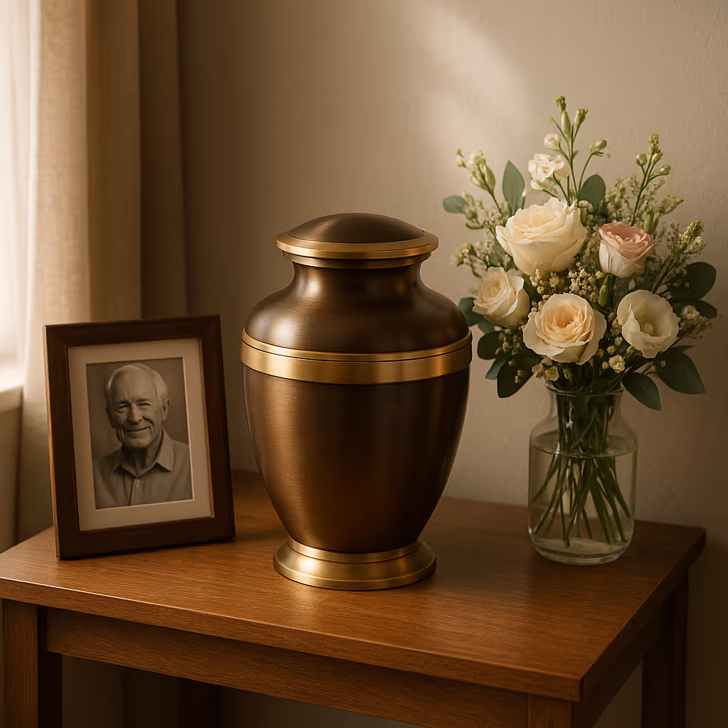 Un elegante ánfora acompañado de un ramo de flores y un retrato sobre una mesa de madera.